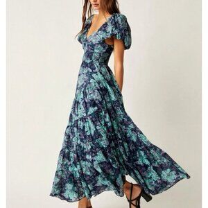 Free People Sundrenched Floral Dress Womens Green Medium Tiered Maxi Cottagecore